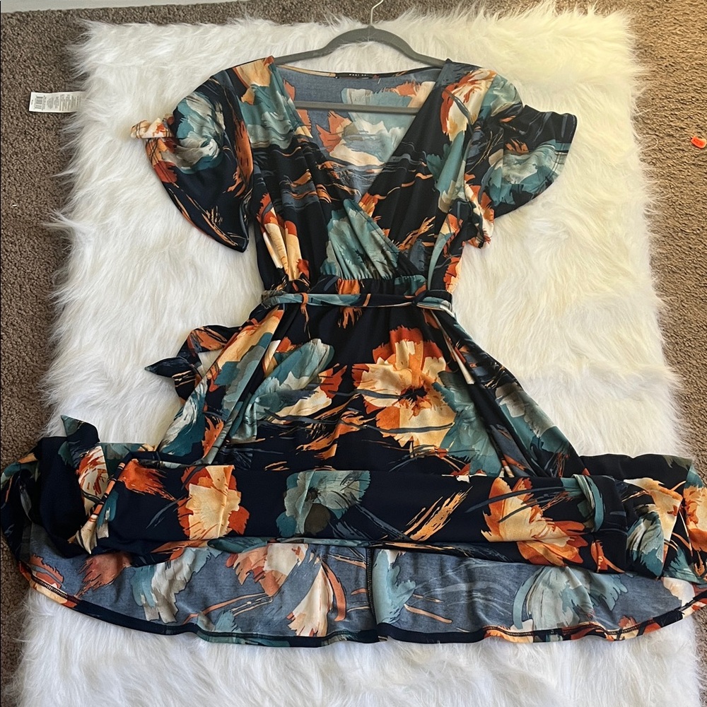 West Kei High Low Dress in Black and Orange Floral